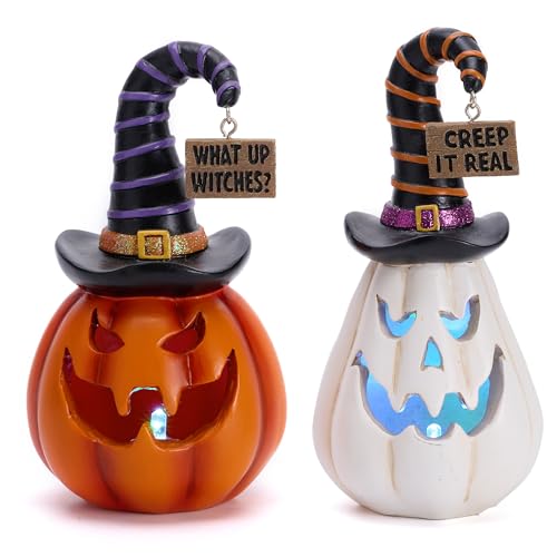 Valery Madelyn 2er Set Halloween Deko Figuren, 13cm Neuheit Harz Kürbis, Halloween Statuen Ornamente mit LED Licht für drinnen und draußen Deko von Valery Madelyn
