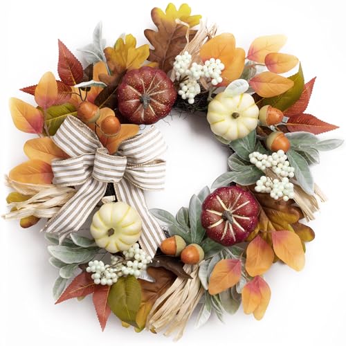 Valery Madelyn 45cm Türkranz Herbstdeko,Herbstkranz Modern Innen und Außen,Deko Kürbis Ahornblatt Beere,Fliege für Haustür Tisch,Herbstgirlande für Fall Decor Erntedank Herbst,Orange von Valery Madelyn