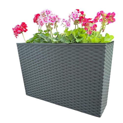 2in1 Blumenkasten Pflanzenkasten Blumentopf mit Einsatz für Zuhause Garten Terasse Rattan-Optik Rechteckig 12 Liter Kunststoff 56,1 cm x 36,2 cm x 18,8 cm Anthrazit Metallisch (Rattan-Optik) von Valle Verde