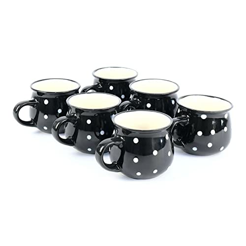 6er Set Keramikbecher Kaffeebecher Teebecher Trinkbecher mit Henkel Kermaik Gepunktet 230ml Schwarz von Valle Verde
