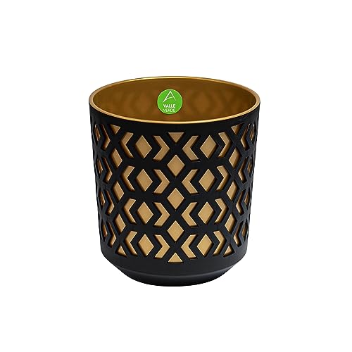 Blumentopf Kräutertopf Pflanzentopf für Zuhause Balkon Terrasse Garten Modernes Design Kunststoff Gemustert Schwarz-Gold 26,8 x 25,4 cm x 25,4 cm von Valle Verde