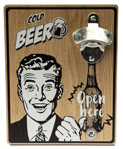 Flaschenöffner Wand Bieröffner zur Wandmontage mit Magnet für Wand Terrasse Bar Geschenkinee für Männer Retrodesign 18 cm x 23 cm (Cold beer, open here) von Valle Verde