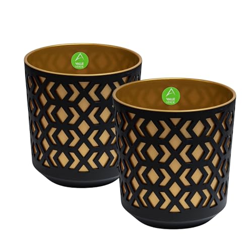 Valle Verde 2er Set Blumentopf Pflanzentopf Kräutertopf Deko Blumenkübel Pflanzgefäß Geometrisches Muster Rund Kunststoff (Ø 25,4 cm Schwarz-Gold) von Valle Verde