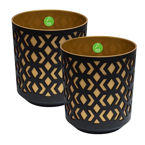 Valle Verde 2er Set Blumentopf Pflanzentopf Kräutertopf Deko Blumenkübel Pflanzgefäß Geometrisches Muster Rund Kunststoff (Ø 28,5 cm Schwarz-Gold) von Valle Verde