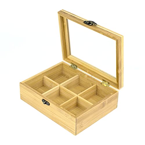 Valle Verde Teebox Teekasten mit 6 Fächern für Teebeutel Holzbambus Aufklappbarer Deckel Sichtfenster 21 cm x 16 cm x 7,8 cm von Valle Verde