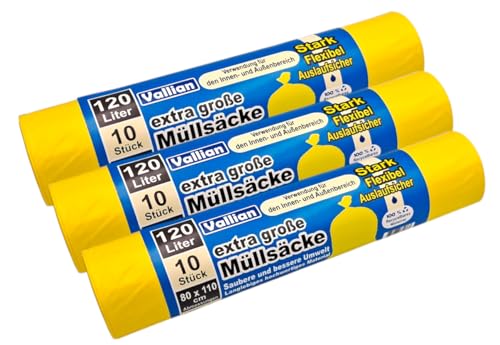 Vallian - Extra Große GELBE Müllsäcke 120 Liter - Abmessungen 80 x 110 cm - 10 Beutel pro Rolle - reißfest, stark und flexibel - Packung mit 3 Rollen (30 Müllbeutel) von Vallian