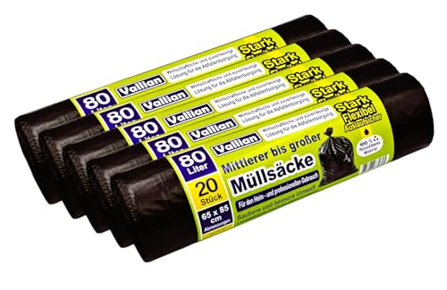 Vallian - Müllsäcke 80 Liter - Größe Abmessungen 65 x 85 cm - 20 Beutel pro Rolle - reißfest, stark und flexibel - Packung mit 5 Rollen (100 Beutel) von Vallian