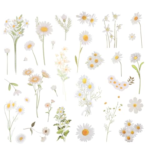 12 Stück Aufkleber Blumen, Sticker Blumen Dekorative Gänseblümchen Transparente Folie Vintage-Optik, Wasserdicht DIY Bastelzubehör für Alben Geschenkverpackung Handlettering von ValueBargain