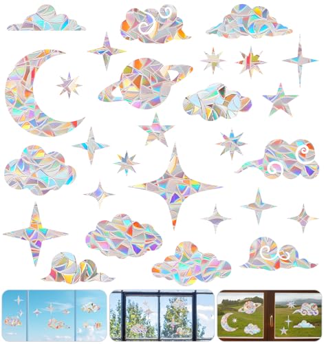 28 Stück Sonnenfänger Sticker, Prisma Fensteraufkleber mit Sternen & Wolken, Bunte Prismen Aufkleber, Natürlicher Vogelschutz für Fensterscheiben, Wohnzimmer Büro Schule 28 Stück Sonnenfänger Sticker, Prisma Fensteraufkleber mit Sternen & Wolken, Bunte Prismen Aufkleber, Natürlicher Vogelschutz für Fensterscheiben, Wohnzimmer Büro Schule von ValueBargain