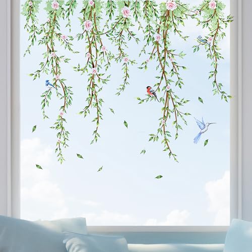 Fensterbilder Selbstklebend, Fenstersticker Hängende Grüne Rebe & Blätter 60x30 cm, Selbstklebende Fensteraufkleber für Glasdekoration, Frühling & Sommer Deko von ValueBargain