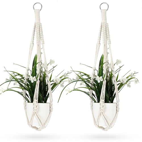 2er Set Blumenampel Makramee, Makramee Blumenampel aus Baumwollseil, 50cm Boheme-Pflanzenhänger mit Metallringen & Aufhängung für Heimdekoration– Weißes Handgeflochtenes Design von ValueBargain