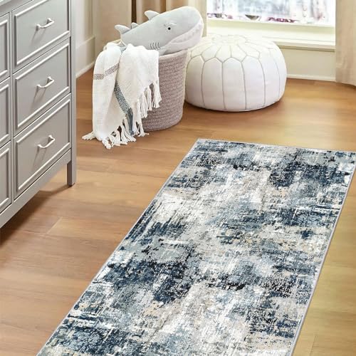 Vamcheer Teppich Wohnzimmer Kurzflor Moderner - Schlafzimmer Teppich Flauschiger,Waschbar Boho Teppich,Teppiche Groß für Arbeitszimmer, Büro,Super Weich, Anti-Rutsch,80x150 cm Blau/Grau von Vamcheer