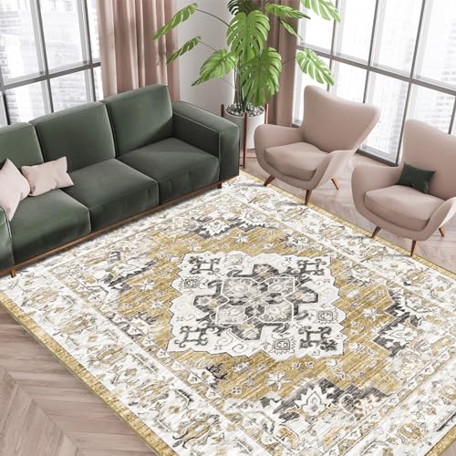 Vamcheer Teppich Wohnzimmer Teppich Vintage-Kurzflor Outdoor Teppich, Flauschig Schlafzimmer Teppich Weich Esszimmer Teppich, Waschbarer Teppiche, rutschfest Kunstwolle Teppich, 160x230 cm, Gold von Vamcheer