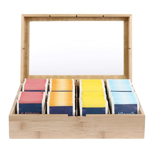 Van Henry Bambus Teebox Teekiste aus Holz mit 8 Fächern und Sichtfenster - Ideal für Teebeutel, Tee, Kaffee, Gewürze oder als Geschenkverpackung von Van Henry