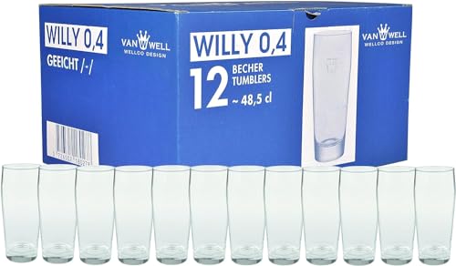 Van Well Willibecher 0,4l 12er Set - Premium Biergläser 0,4 Liter - Robustes Bierglas, Spülmaschinengeeignet, Geeicht - Pint Gläser in Gastronomiequalität - Trinkglas 400 ml für Gastronmie und Zuhause von Van Well