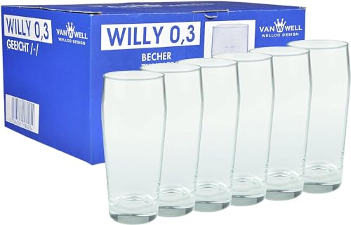 Van Well Willibecher 0,3l 6er Set - Premium Biergläser 0,3 Liter - Robustes Bierglas, Spülmaschinengeeignet, Geeicht - Pint Gläser in Gastronomiequalität - Trinkglas 300 ml für Gastronmie und Zuhause von Van Well