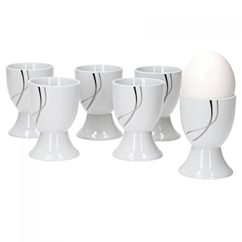 Van Well 6er Set Eierbecher Silver Night einzeln, rund Ø 50 mm, H 70 mm, Eierständer hoch, Egg Cup, weißes Hotelporzellan, abstraktes Dekor, Gastro-Geschirr von Van Well