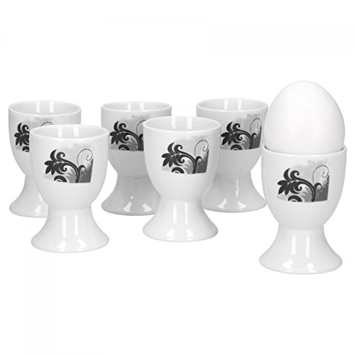 Van Well 6er Set Eierbecher rund Black Flower | Ø 5 cm | H 7 cm | hoher Eier-Ständer | edler Porzellan-Becher | Egg Cup | modernes Dekor von Van Well