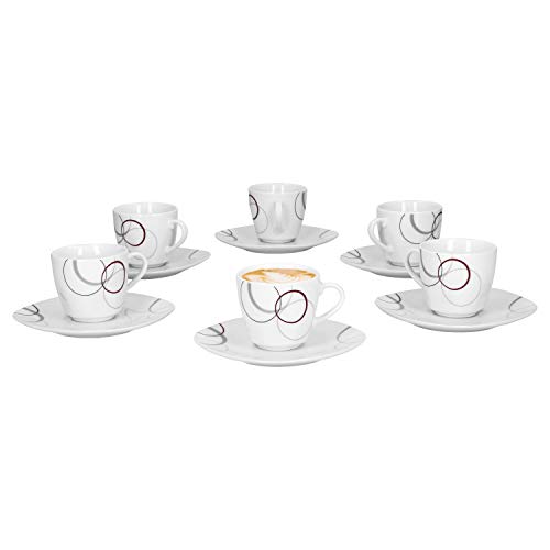 Van Well 6er Set Espressotasse Palazzo 11cl mit Untertasse 12,3cm - aus weißem Porzellan mit Dekor-Kreisen in grau und dunkelrot von Van Well