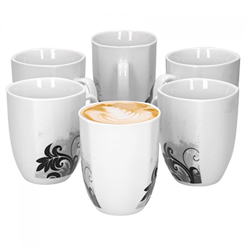 Van Well 6er Set Kaffeebecher Black Flower | 300-350 ml | Jumbo-Tasse | Pott | XL-Tasse | edler Porzellan-Becher für Kaffee & Tee | Gastro von Van Well