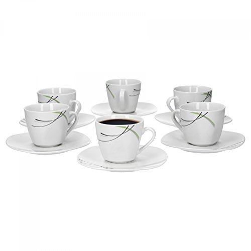 Van Well 6er Set Kaffeetasse 20cl und Kaffeeuntertasse 14,5cm Donna - weißes Porzellan mit Linien- Dekor in schwarz, grau und grün von Van Well