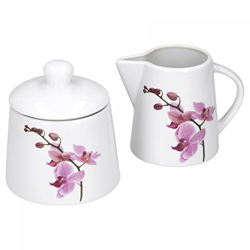 Van Well Zuckerdose + Milchkännchen-Set Kyoto, runder Zuckerspender mit Deckel + Milch-Gießer, Porzellan-Geschirr, Blumen-Dekor Orchidee, pink von Van Well