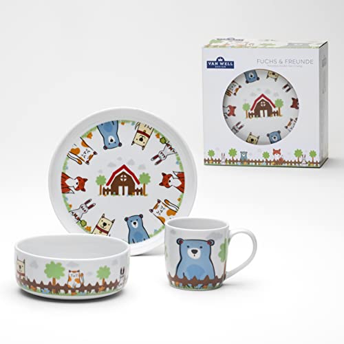 VAN WELL "Fuchs & Freunde" Kinder-Geschirrset, 3-teiliges Porzellan-Service mit Tiermotiven mit Becher, Schale und Teller, ideal als Geschenk von Van Well