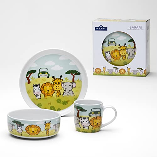 VAN WELL "Safari" Kinder-Geschirrset, 3-teiliges Porzellan-Service mit Tiermotiven mit Becher, Schale und Teller, ideal als Geschenk von Van Well