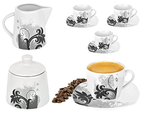 Van Well 10tlg. Kaffeeset, 4X Kaffeetasse mit 4X Untertasse + Milchkännchen & Zuckerdose weiß - Verschiedene Dekore wählbar, Dekor:Black Flower von Van Well