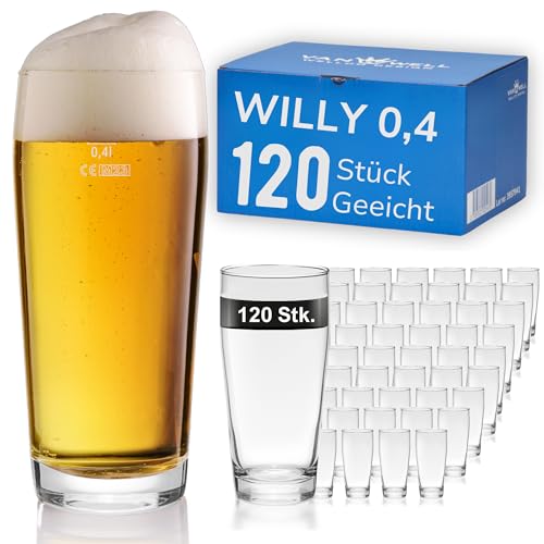 Van Well Willibecher 0,4l 120 Stk - Premium Biergläser 0,4 Liter - Robustes Bierglas, Spülmaschinengeeignet, Geeicht - Pint Gläser in Gastronomiequalität - Trinkglas 400 ml für Gastronmie und Zuhause von Van Well