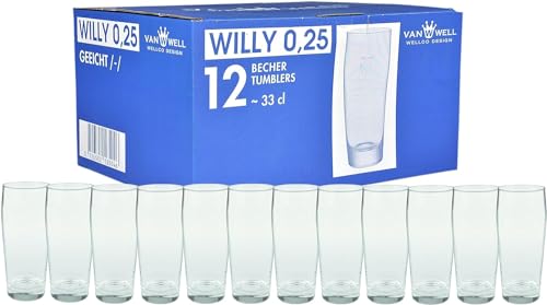 Van Well Willibecher 0,25l 12 Stk - Premium Biergläser 0,25 Liter - Robustes Bierglas, Spülmaschinengeeignet, Geeicht - Pint Gläser in Gastronomiequalität - Trinkglas 250 ml für Gastronmie und Zuhause von Van Well