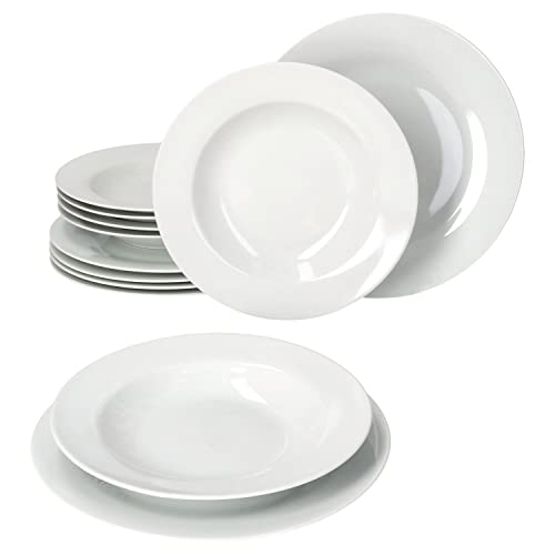 Van Well 12tlg Tafel-Service Basic für 6 Personen I 6x Suppenteller 150ml & 6x Speiseteller Ø32,2cm I schickes weißes Porzellan-Geschirr I tiefer Salat-Teller, Dessert-Schale, Essteller, Grillplatte von Van Well