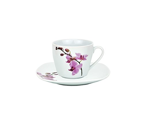 Van Well 2-TLG. Espresso-Set Kyoto, Espressotasse + Untertasse, 80 ml, edles Porzellan, Kaffee-Geschirr, Blumen-Dekor Orchidee, rosa-rot, pink von Van Well