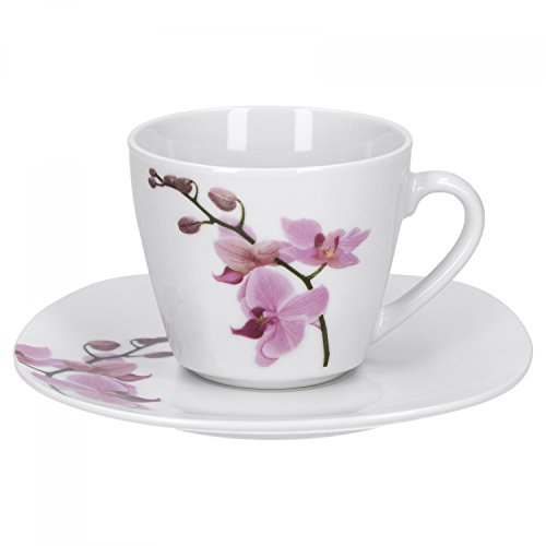 Van Well 2-TLG. Kaffeetassen-Set Kyoto, kleine Tasse 180 ml + Untertasse, edles Porzellan, Kaffee-Geschirr, Blumen-Dekor Orchidee, rosa-rot, pink von Van Well