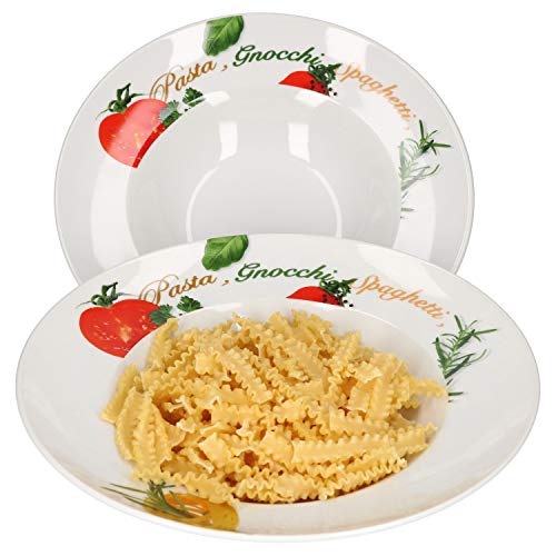 Van Well 2er Pasta-Teller-Set Milano mit Aufdruck I Ø 27 cm Porzellan-Teller I tiefe Nudelteller I Suppenteller mit breitem Rand I Design Pastateller bunt zum Servieren für Nudelgerichte von Van Well