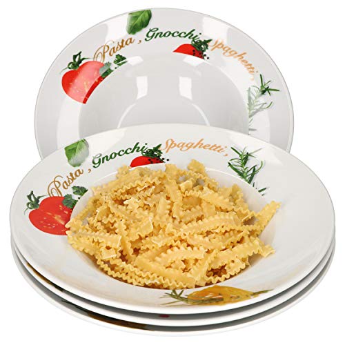 Van Well 4er Pasta-Teller-Set Milano mit Aufdruck I Ø 27 cm Porzellan-Teller I tiefe Nudelteller I Suppenteller mit breitem Rand I Design Pastateller bunt zum Servieren für Nudelgerichte von Van Well