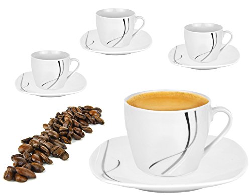 Van Well 4er Set Espressotassen 110ml mit Unterteller I Geschirr-Set für 4 Personen Gastronomie Qualität I Espresso Tassen edel mit Henkel Markenporzellan Geschirrset 8 teilig - Dekor Silver Night von Van Well