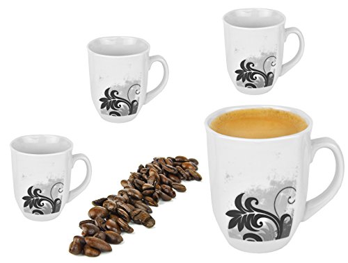 Van Well 4er Set Kaffee-Becher 330 ml I Marken-Porzellan-Tassen in Weiß I Kaffee-Tassen-Set für 4 Personen I Kaffee-Tasse mit Henkel mikrowellengeeignet I Kaffee-Service in Black Flower-Dekor von Van Well