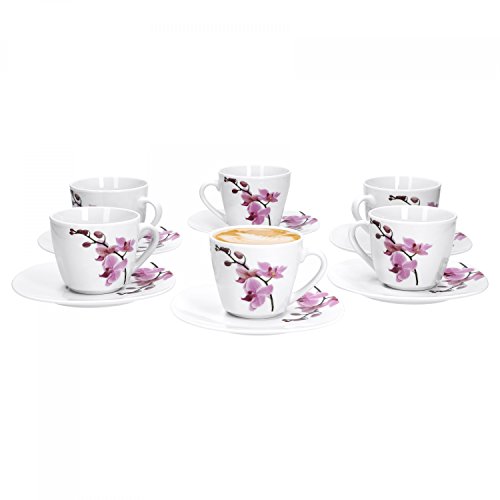 Van Well 6er Set, 2-tlg. Kaffeetassen-Set Kyoto, kleine Tasse 180 ml + Untertasse, edles Porzellan, Kaffee-Geschirr, Blumen-Dekor Orchidee, rosa-rot, pink von Van Well