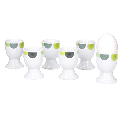 Van Well | 6er Set Eierbecher Rondo rund | Becher Ø 5 cm | hoher Eier-Ständer | Egg Cup | abstrakte Retro-Kreise grün-gelb | edles Porzellan-Geschirr von Van Well