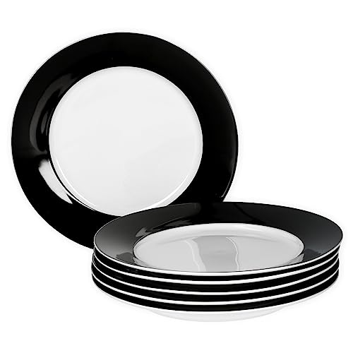 van Well Vario Frühstücksteller-Set 6-teilig - Teller-Service für 6 Personen - Kuchen-Teller mit Ø 20cm - Porzellan-Set weiß mit Rand in Schwarz - Dessert-Teller-Set mikrowellengeeignet von Van Well