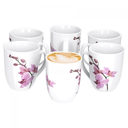 Van Well 6er Set Kaffeebecher Kyoto, 300 ml, 85 x 85 mm, Jumbo-Tasse, große Kaffeetasse, Porzellan-Becher XL, Blumen-Dekor Orchidee, rosa-rot, pink, Gastro von Van Well