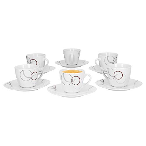 Van Well 6er Set Kaffeetasse 20cl und Kaffeeuntertasse 14,5cm Palazzo - aus weißem Porzellan mit Dekor-Kreisen in grau und dunkelrot von Van Well