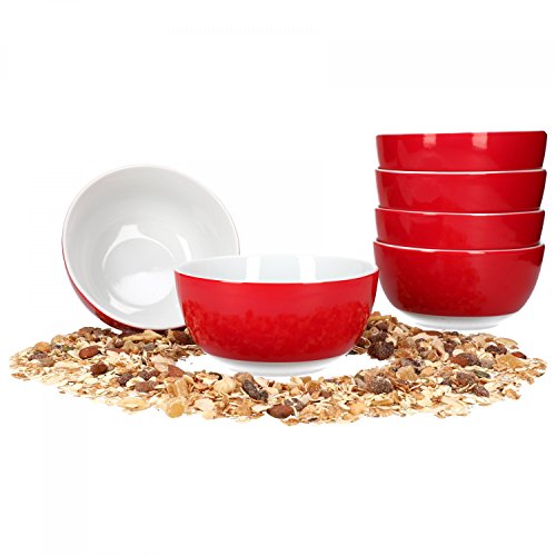 van Well Vario Müslischalen-Set 6-teilig - Schalen-Service für 6 Personen - tiefe Suppen-Schüssel 14cm - Porzellan-Set innen weiß & außen Rot - Salat-Schüssel mikrowellengeeignet von Van Well