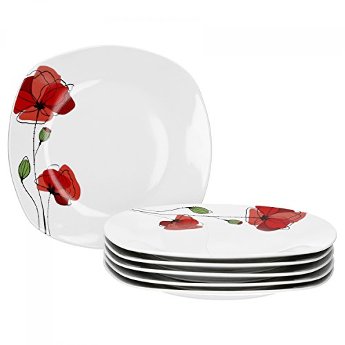 Van Well 6er Set Speiseteller Monika | 255 x 255 mm | Menü-Teller | großer Essteller | Servierteller | Mohn-Blume rot | edles Porzellan-Geschirr | Gastronomie von Van Well