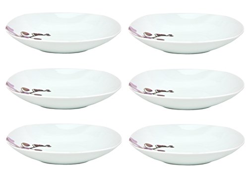 Van Well 6er Set Suppenteller Kyoto, Menü-Teller, 450 ml, 215 x 215 mm, Salatteller, Servierschale, Porzellan-Geschirr, Blumen-Dekor Orchidee, rosa-rot, pink von Van Well
