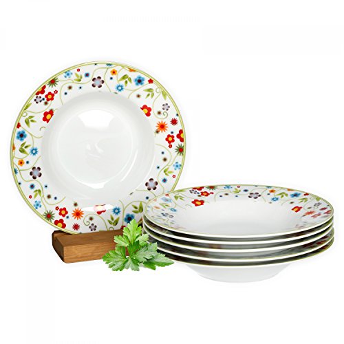 van Well Vario Suppenteller-Set 6-teilig - Teller-Service für 6 Personen - tiefe Pasta-Teller 21,5cm - Porzellan-Set weiß mit Rand in Flower-Design - Salat-Teller mikrowellengeeignet von Van Well