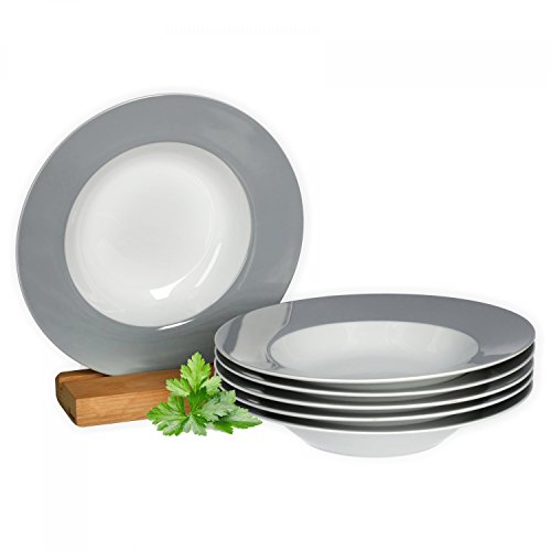 van Well Vario Suppenteller-Set 6-teilig - Teller-Service für 6 Personen - tiefe Pasta-Teller 21,5cm - Porzellan-Set weiß mit Rand in Grau - Salat-Teller mikrowellengeeignet von Van Well