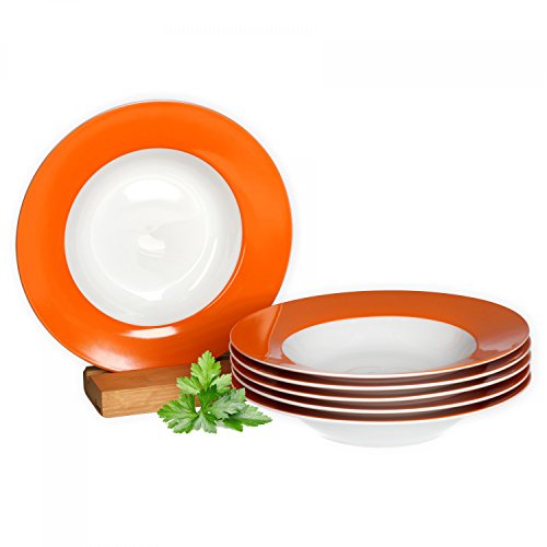 van Well Vario Suppenteller-Set 6-teilig - Teller-Service für 6 Personen - tiefe Pasta-Teller 21,5cm - Porzellan-Set weiß mit Rand in Orange - Salat-Teller mikrowellengeeignet von Van Well