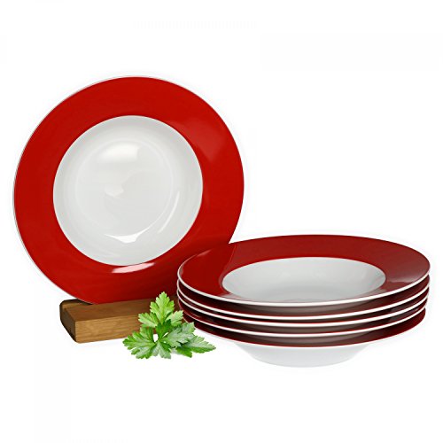 van Well Vario Suppenteller-Set 6-teilig - Teller-Service für 6 Personen - tiefe Pasta-Teller 21,5cm - Porzellan-Set weiß mit Rand in Rot - Salat-Teller mikrowellengeeignet von Van Well